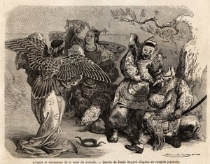 Schauspieler und Tänzer des Mikado-Hofes in Bühnenkostümen. Gravur zur Illustration der Reise nach Japan 1863-1864, von Aime Humbert, Minister der Schweizerischen Eidgenossenschaft, in 