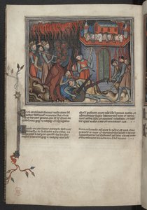Add 17333, f.42v, Miniatur der himmlischen Heere, die gegen den Drachen kämpfen (Offenbarung XIX:19-20), aus der Apokalypse (die 