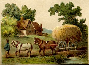 Werbe-Chromolithographie, geschnitzt, die eine ländliche Szene darstellt, zwei Pferde, die von einem Bauern geführt werden und einen Strohwagen ziehen von French School