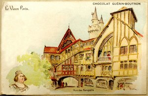 Werbe-Chromolithographie von Schokoladen Guerin Boutron, Das alte Paris, Rue des Remparts von French School