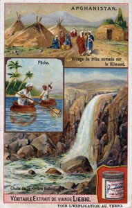 Werbekarte zeigt ein Nomadenstammdorf am Hilmend, Fischer und den Fall des Kabul-Flusses in Afghanistan. Chromolithographie des 19. Jahrhunderts.