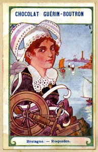 Werbe-Chromolithographie von Chocolats Guerin Boutron, die Kopfbedeckungen der Regionen Frankreichs, Bretagne, Rosporden, Illustration Emile Jammes