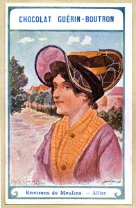 Werbe-Chromolithographie von Chocolats Guerin Boutron, die Kopfbedeckungen der Regionen Frankreichs, Umgebung von Moulins, Allier, Illustration Emile Jammes