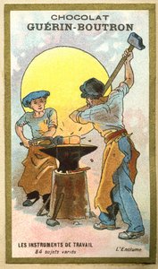 Werbechromolithografie von Guerin Boutron Schokoladen, Arbeitsinstrumente, 84 verschiedene Motive, der Amboss