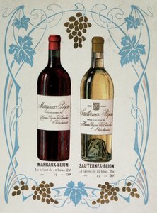Werbung für den Verkauf von Wein Margaux-Bijon (Margaux Bijon) und Sauternes-Bijon (Sauternes Bijon), 25frs für 12 Flaschen, 50frs für 25 von French School