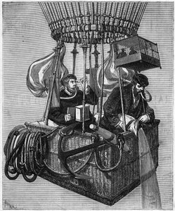 Luftfahrt: der Aufstieg des Ballons „Polarstern“ im Jahr 1874. Um Atemprobleme in großer Höhe zu bekämpfen, wurden die beiden Luftfahrer mit Sauerstoffballons ausgestattet und inhalierten durch den Mund mit einem Gummischlauch. Gravur in „Le Monde Illustré von French School