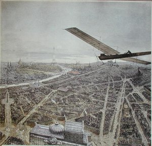 Flugzeug über Paris, Illustration für einen Kalender von 1911 von French School
