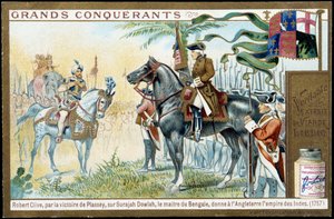 Nach dem Sieg von Plassey über Surajah Dowlah (Suraj Ud-daula oder Ud Daula Ud Daulah oder Ud-Daulah), gab der Herrscher von Bengalen England 1757 das Reich von Indien. 19. Jahrhundert Liebig Chromolithografie.
