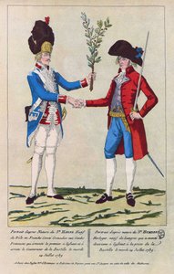 Porträt nach der Natur von Sieur Harne, Grenadier und Sieur Humbert, Uhrmacher. Sie waren die ersten Männer, die während der Eroberung der Bastille am 14. Juli 1789 angegriffen wurden. Gravur von 1790.