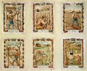 Landwirtschaftlicher Kalender, der die verschiedenen Jahreszeiten der Landwirtschaft darstellt, Ende des 19. Jahrhunderts von French School