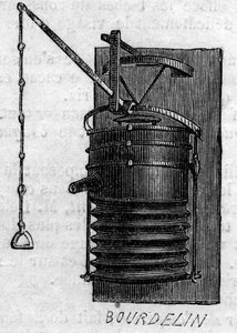 Landwirtschaftsmaschine: ein Schmiedebalg, präsentiert beim Pariser Landwirtschaftswettbewerb 1860. Gravur in „Le Monde Illustré“ Nr. 172 vom 28. Juli 1860.