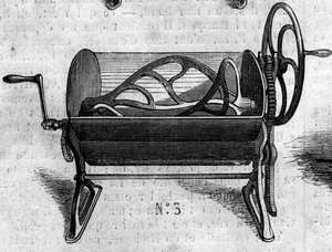 Landwirtschaftliche Maschine: ein mechanischer Teigkneter zur Brotherstellung, präsentiert auf der Landwirtschaftsausstellung 1860 in Paris. Gravur in „Le Monde Illustré“ Nr. 168 vom 30. Juni