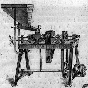 Landwirtschaftsmaschine: eine kleine Mühle auf der Landwirtschaftsausstellung 1860 in Paris. Gravur in „Le Monde Illustré“ Nr. 168 vom 30. Juni 1860