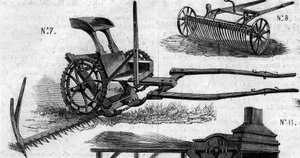 Landmaschine: ein amerikanischer Mähdrescher, präsentiert auf dem Pariser Landwirtschaftswettbewerb 1860. Gravur in „Le Monde Illustré“ Nr. 169 vom 7. Juli 1860.