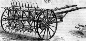 Landwirtschaftsmaschine: ein englischer Doppelheuwender, präsentiert auf dem Pariser Landwirtschaftswettbewerb im Jahr 1860. Gravur in „Le Monde Illustré“ Nr. 172 vom 28. Juli 1860.
