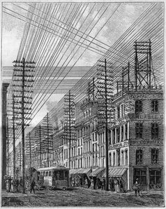 Luftstromleitungen in Philadelphia (Vereinigte Staaten), Ecke Chesnut Street und Third Street. Gravur in „La Nature. Revue des sciences et de ses applications aux arts et à l