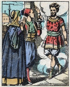 Aladin und seine Mutter reiben die magische Lampe und lassen den Dschinn erscheinen. Gravur der Geschichte aus Tausendundeine Nacht „Aladin und die Wunderlampe“. Epinal-Bild, Ende des 19. Jahrhunderts. Private Sammlung. von French School