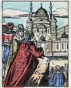 Aladin wünscht sich, dass der Dschinn einen prächtigen Palast gegenüber dem Palast des Sultans baut. Gravur aus dem Märchen Tausendundeine Nacht "Aladin und die Wunderlampe". Epinal-Bild, Ende des 19. Jahrhunderts. Private Sammlung. von French School