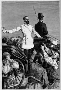 Alexander von Battenberg - Prinz Alexander I. nach seiner Abdankung, gefeiert vom Volk beim Verlassen von Sofia. Gravur in „Die Illustrierte Welt“. von French School