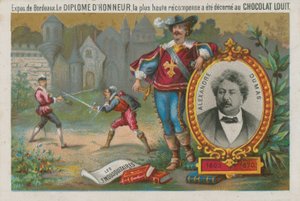 Alexandre Dumas und eine Szene aus Die drei Musketiere von French School