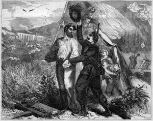 Allegorie der Annexion Savoyens an Frankreich im Jahr 1860. Gravur in „Le Monde Illustré“ Nr. 167 vom 23. Juni 1860.