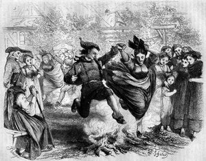 Elsässischer Brauch: das Feuer von Sankt Johann (Sankt Johann). Ein Mann und eine Frau springen über ein Holzfeuer. Gravur in „Le Magasin Picturesque“ von French School