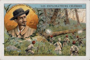 Hinterhalt im afrikanischen Busch während einer Expedition des französischen Entdeckers Frenand Fourreau (1850 - 1914). Chromolithographie des 19. Jahrhunderts