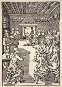 Eine Alchemie-Lektion im 14. Jahrhundert, Kopie von Boris Mestchersky, Illustration aus Histoire de la Nation Francaise, Sciences, Bände I & II, von Gabriel Hanotaux, 1924