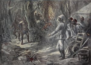 Ein englischer Reisender Lloyd entdeckt die Pygmäen bei der Erkundung Afrikas. Gravur in 