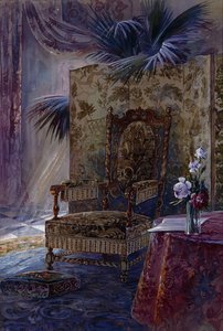 Ein Interieur mit einem gepolsterten Walnussstuhl aus dem 17. Jahrhundert, ca. 1880 von French School