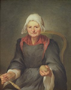 Eine alte Frau beim Spinnen von French School
