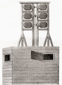 Ein Lufttelegrafensystem, das im 18. Jahrhundert in England verwendet wurde, aus Les Merveilles de la Science, veröffentlicht um 1870 (Gravur) von French School