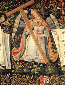 Ein Engel, das Kreuz tragend, aus einem Wandteppich, der Engel mit den Leidenswerkzeugen darstellt, Loire-Werkstatt von French School