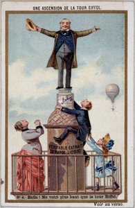 Ein Aufstieg auf den Eiffelturm: die Ankunft an der Spitze - Chromo. Liebig, Anfang 20. Jahrhundert von French School