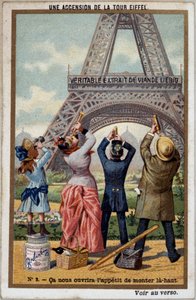 Ein Aufstieg auf den Eiffelturm: Man sieht die Höhe des Turms in der Fernsicht - Chromo. Liebig, Anfang 20. Jahrhundert