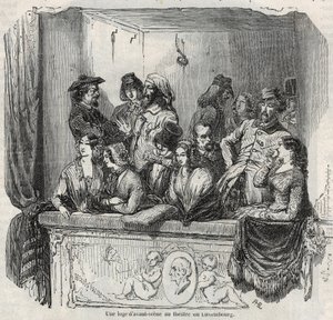 Eine Avant-Stage-Loge im Luxemburger Theater in Paris im 19. Jahrhundert - Gravur in „Tableau-de-Paris“ von Edmond Texier 1852 von French School
