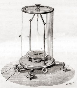 Ein früher Galvanometer, eine Art Amperemeter, ein Messinstrument zur Messung des elektrischen Stroms in einem Stromkreis, aus Les Merveilles de la Science, veröffentlicht um 1870
