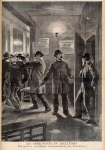 Anarchisten in England. Die Polizei durchsucht den Autonomie-Club in London. Anarchisten in England. Polizei im Londoner Autonomie-Club. Illustration für Le Petit Journal, 5. März 1894