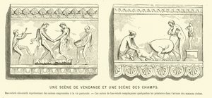 Antike römische Basreliefs, die eine Weinlese und eine Szene auf den Feldern darstellen von French School