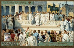 Antikes Rom: Tribun schlägt ein neues Gesetz vor - Liebig Chromolithographie, um 1900