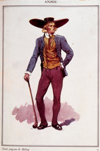 Bauernkostüme aus Anjou. Gravur des 19. Jahrhunderts. Paris, Dekorative Kunst
