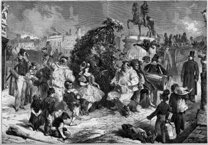 Jährliches Fest der kleinen Schornsteine in den Straßen von London, England, Mai 1860. Während des Tanzes zur Feier des Frühlingsanfangs sammelt ein Kind Spenden bei den Zuschauern; Gravur in „Le Monde Illustré“ Nr. 160 vom 12. Mai 1860.