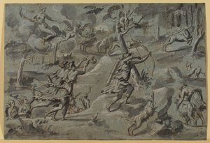 Anonym nach dem Meister des Diana-Wandteppichs, Diane, auf der Jagd mit ihren Gefährtinnen, von Amour Bogenschütze anvisiert, ca. 1590-1600, Grauwaschung von French School