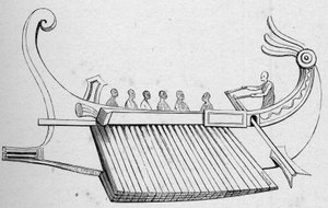 Antike Galeere mit drei Ruderreihen. Gravur in „La Marine et les colonies: commerce“ von French School