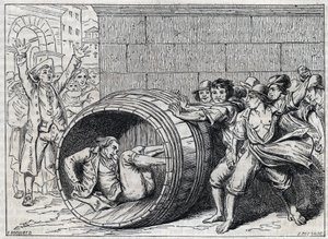 Antisemitische Verfolgung im 17. Jahrhundert: ein Jude wird von Einwohnern Roms in einem Fass gerollt. Illustration aus „Meo Patacca“, Gedicht von Giuseppe Berneri (1637-1700). Gravur von Bocourt. von French School