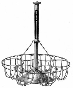 Apparat zum Eierkochen: Die Eier werden in Körben mit einem Halter in der Mitte platziert, in dem sich ein Thermometer befindet, das die Wassertemperatur während des Kochens anzeigt. Gravur in „Le Magasin Picturesque“