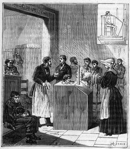 Apparate, die Ende des 19. Jahrhunderts in Pariser Krankenhäusern zur Bekämpfung der Krätze mit Schwefel verwendet wurden - Gravur in „Sciences brought to the graces of all - physics and chemistry“ von Alexis Clerc - Ende 19. Jahrhundert - private Sammlung