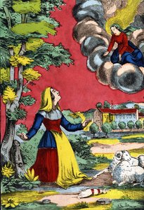 Erscheinung der seligen Jungfrau der heiligen Schwester Benoite, bekannt als die Schäferin von Laus. Bild von Epinal, erste Hälfte des 19. Jahrhunderts