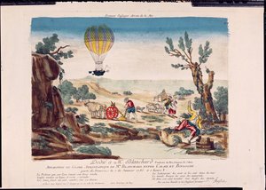 Erscheinung des Heißluftballons von Jean Pierre Blanchard (1753-1809) zwischen Calais und Boulogne, 1785