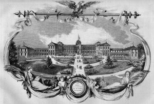 Architektur: Fassade des Krankenhauses bekannt als „Imperial Asylum of Vincennes“ für rekonvaleszente Arbeiter, eingeweiht 1857. Heute „National Hospital of Saint Maurice“, Saint Maurice (94). Gravur in „Le Monde Illustré“ Nr. 20 vom 29. August 1 von French School